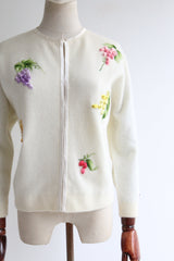 "Grapevine" Vintage 1960's Cream Embroidered Lambswool Cardigan UK 12-14 US 8-10