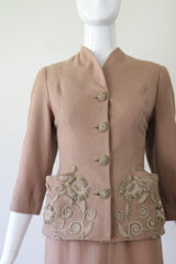 "Blush Soutache" Vintage 1940's Blush Wool Soutache Embellished Skirt Suit UK 6 US 2
