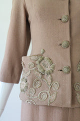"Blush Soutache" Vintage 1940's Blush Wool Soutache Embellished Skirt Suit UK 6 US 2
