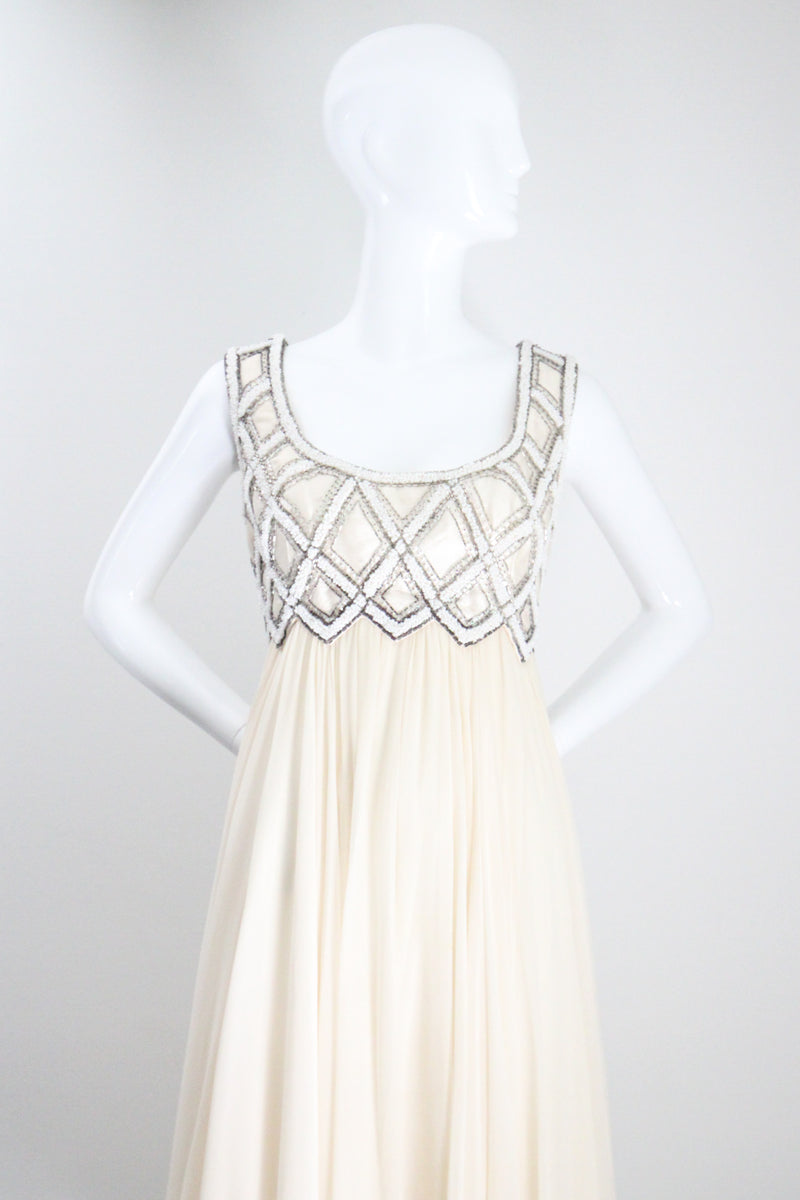 "Silk Chiffon & Silver Beadwork" Vintage 1960's Silk Chiffon & Silver Beaded Dress & Jacket Ensemble UK 10 US 6
