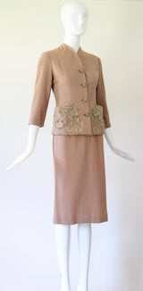 "Blush Soutache" Vintage 1940's Blush Wool Soutache Embellished Skirt Suit UK 6 US 2