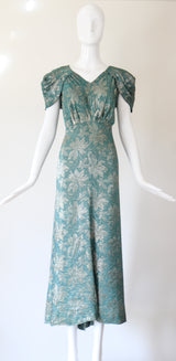 "Opal Green Lamé" Vintage 1930's Floral Opal Green Lamé Gown UK 14 US 10