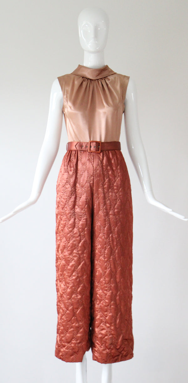 "Quilted Jumpsuit" Vintage 1960's Blush Palette Quilted Jumpsuit UK 8 US 4
