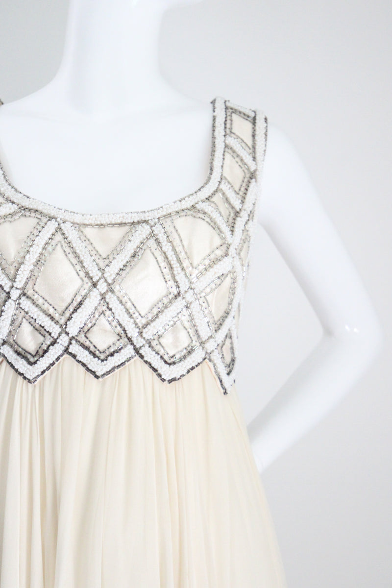 "Silk Chiffon & Silver Beadwork" Vintage 1960's Silk Chiffon & Silver Beaded Dress & Jacket Ensemble UK 10 US 6