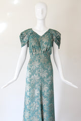 "Opal Green Lamé" Vintage 1930's Floral Opal Green Lamé Gown UK 14 US 10