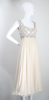 "Silk Chiffon & Silver Beadwork" Vintage 1960's Silk Chiffon & Silver Beaded Dress & Jacket Ensemble UK 10 US 6