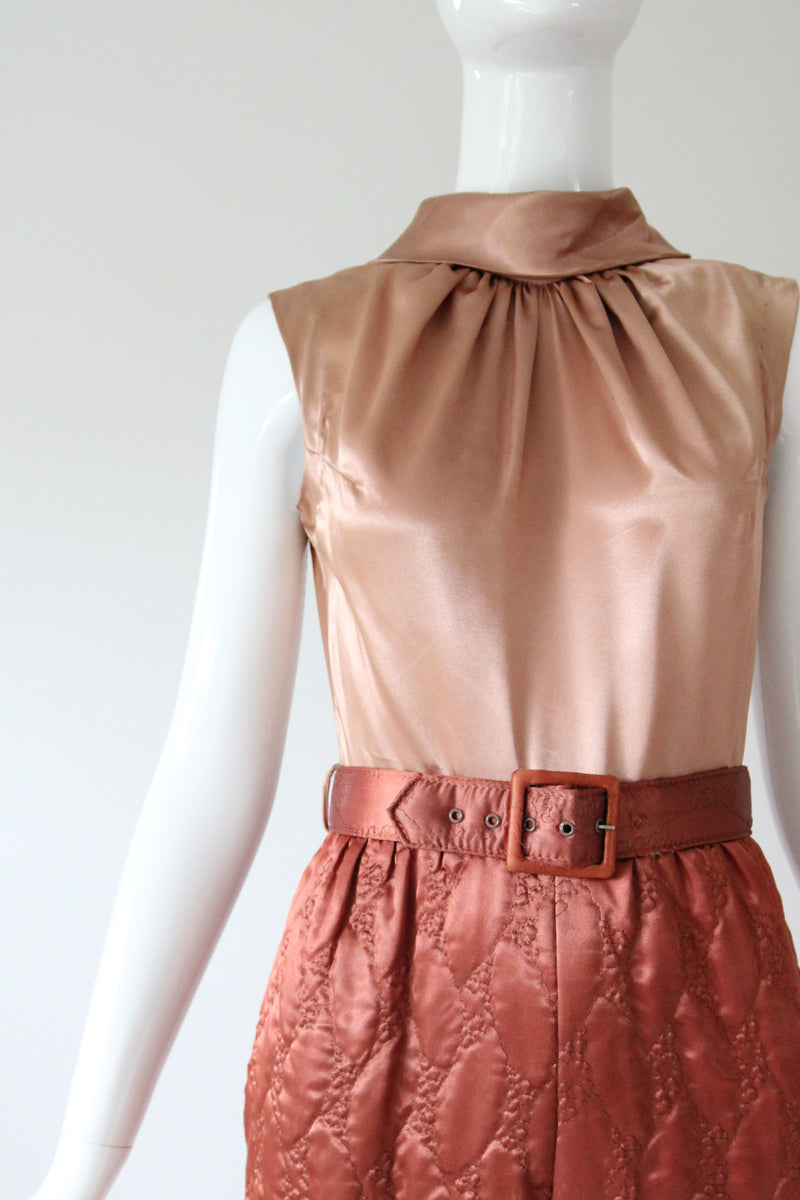 "Quilted Jumpsuit" Vintage 1960's Blush Palette Quilted Jumpsuit UK 8 US 4