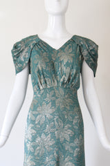 "Opal Green Lamé" Vintage 1930's Floral Opal Green Lamé Gown UK 14 US 10