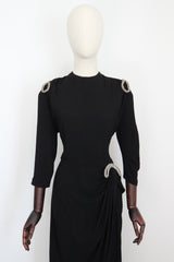 "Rhinestone Bows" Vintage 1940's Black Crepe Silk & Rhinestone Bow Dress UK 14 US 10