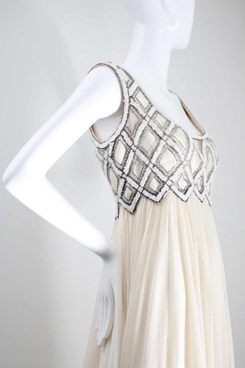 "Silk Chiffon & Silver Beadwork" Vintage 1960's Silk Chiffon & Silver Beaded Dress & Jacket Ensemble UK 10 US 6