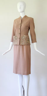 "Blush Soutache" Vintage 1940's Blush Wool Soutache Embellished Skirt Suit UK 6 US 2