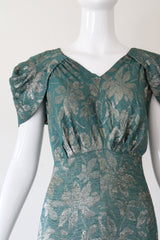 "Opal Green Lamé" Vintage 1930's Floral Opal Green Lamé Gown UK 14 US 10
