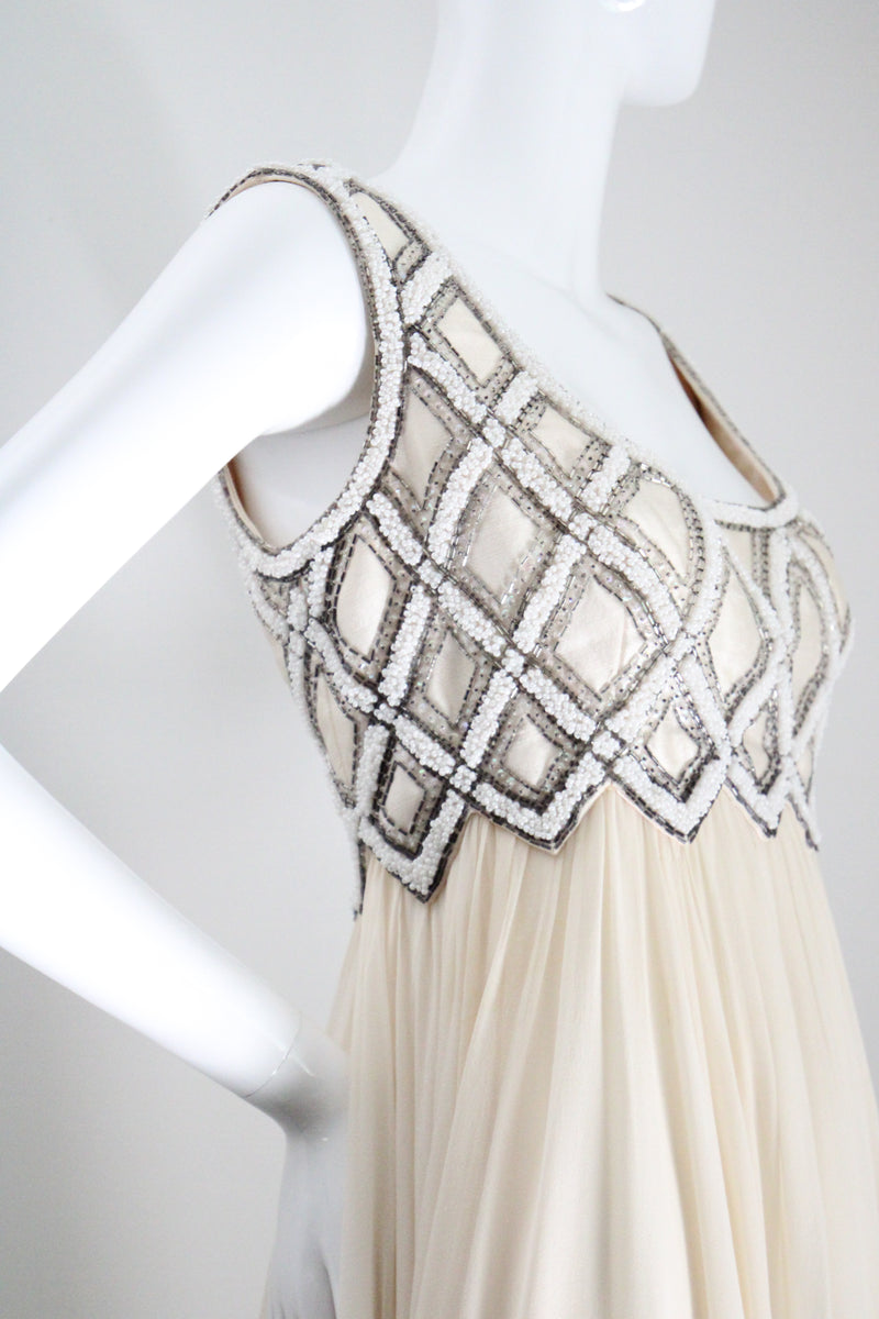 "Silk Chiffon & Silver Beadwork" Vintage 1960's Silk Chiffon & Silver Beaded Dress & Jacket Ensemble UK 10 US 6