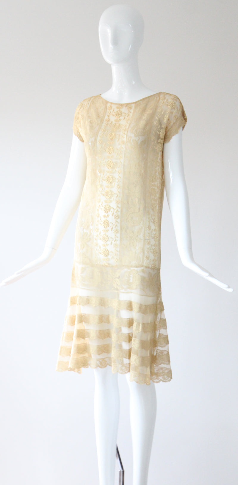 "Cream Floral Lace" Vintage 1920's Cream Lace Dress UK 8-10 US 4-6