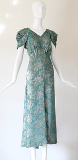 "Opal Green Lamé" Vintage 1930's Floral Opal Green Lamé Gown UK 14 US 10