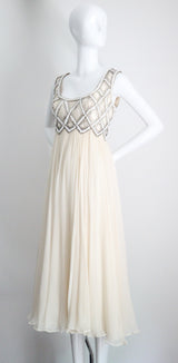 "Silk Chiffon & Silver Beadwork" Vintage 1960's Silk Chiffon & Silver Beaded Dress & Jacket Ensemble UK 10 US 6