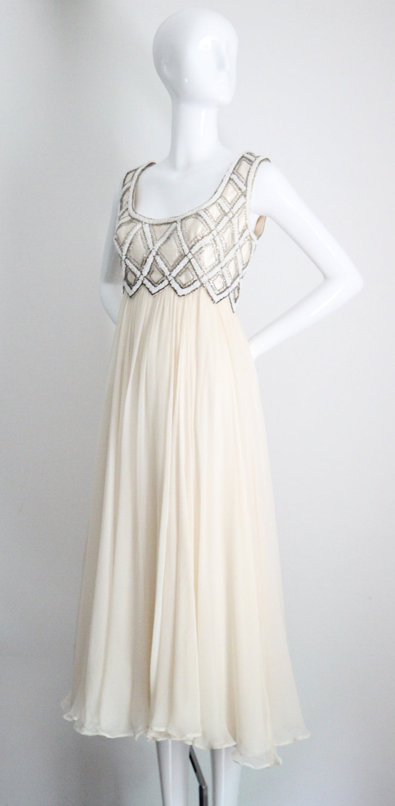 "Silk Chiffon & Silver Beadwork" Vintage 1960's Silk Chiffon & Silver Beaded Dress & Jacket Ensemble UK 10 US 6