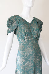 "Opal Green Lamé" Vintage 1930's Floral Opal Green Lamé Gown UK 14 US 10