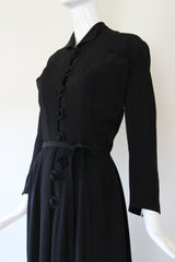 "Braided Buttons" Vintage 1940's Black Faille Silk Braided Button Dress UK 12 US 8