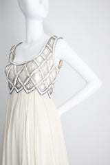 "Silk Chiffon & Silver Beadwork" Vintage 1960's Silk Chiffon & Silver Beaded Dress & Jacket Ensemble UK 10 US 6