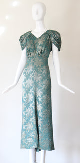 "Opal Green Lamé" Vintage 1930's Floral Opal Green Lamé Gown UK 14 US 10
