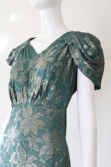 "Opal Green Lamé" Vintage 1930's Floral Opal Green Lamé Gown UK 14 US 10