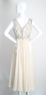 "Silk Chiffon & Silver Beadwork" Vintage 1960's Silk Chiffon & Silver Beaded Dress & Jacket Ensemble UK 10 US 6