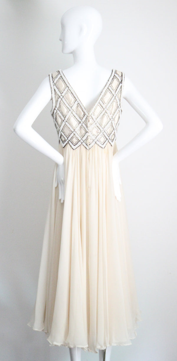 "Silk Chiffon & Silver Beadwork" Vintage 1960's Silk Chiffon & Silver Beaded Dress & Jacket Ensemble UK 10 US 6