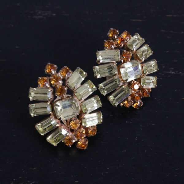 "Chartreuse & Sunset" Vintage 1950's Statement Chartreuse & Orange Rhinestone Clip on Earrings