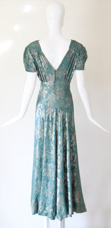 "Opal Green Lamé" Vintage 1930's Floral Opal Green Lamé Gown UK 14 US 10