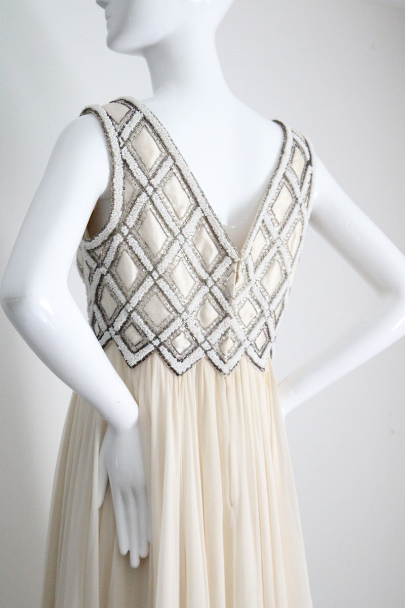 "Silk Chiffon & Silver Beadwork" Vintage 1960's Silk Chiffon & Silver Beaded Dress & Jacket Ensemble UK 10 US 6