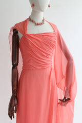 "Coral Chiffon" Vintage late 1950's Coral Silk Chiffon Sash Dress UK 10 US 6