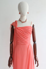 "Coral Chiffon" Vintage late 1950's Coral Silk Chiffon Sash Dress UK 10 US 6
