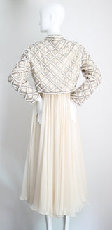 "Silk Chiffon & Silver Beadwork" Vintage 1960's Silk Chiffon & Silver Beaded Dress & Jacket Ensemble UK 10 US 6