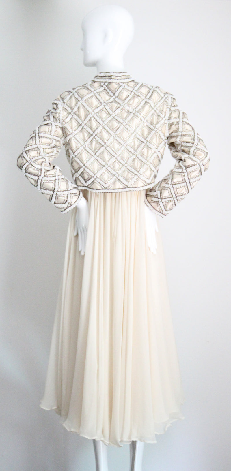 "Silk Chiffon & Silver Beadwork" Vintage 1960's Silk Chiffon & Silver Beaded Dress & Jacket Ensemble UK 10 US 6