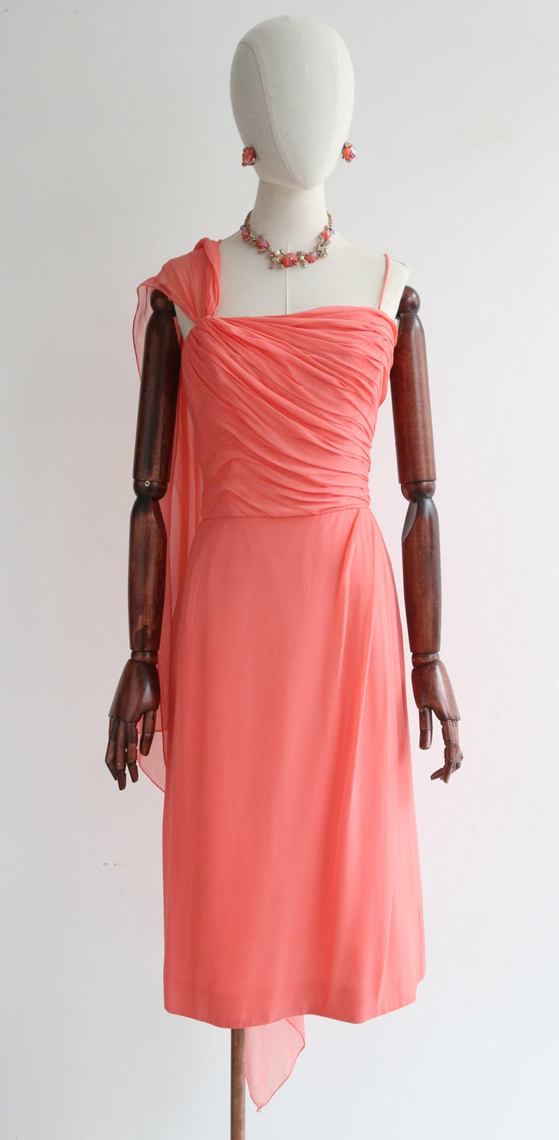 "Coral Chiffon" Vintage late 1950's Coral Silk Chiffon Sash Dress UK 10 US 6