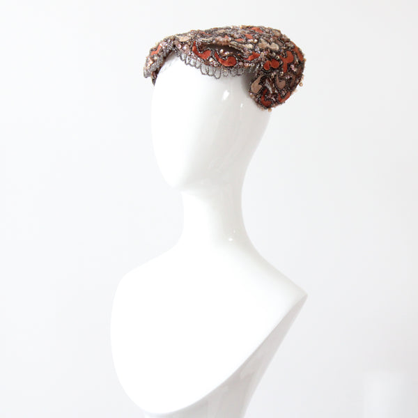 "Velvet Blossoms & Beads" Vintage 1950's Ginger & Champagne Velvet Beaded Cocktail Hat