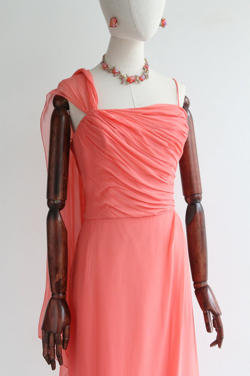 "Coral Chiffon" Vintage late 1950's Coral Silk Chiffon Sash Dress UK 10 US 6