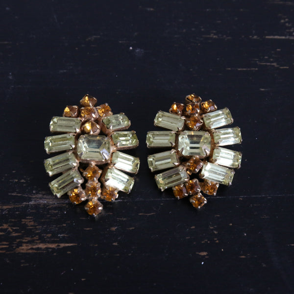 "Chartreuse & Sunset" Vintage 1950's Statement Chartreuse & Orange Rhinestone Clip on Earrings