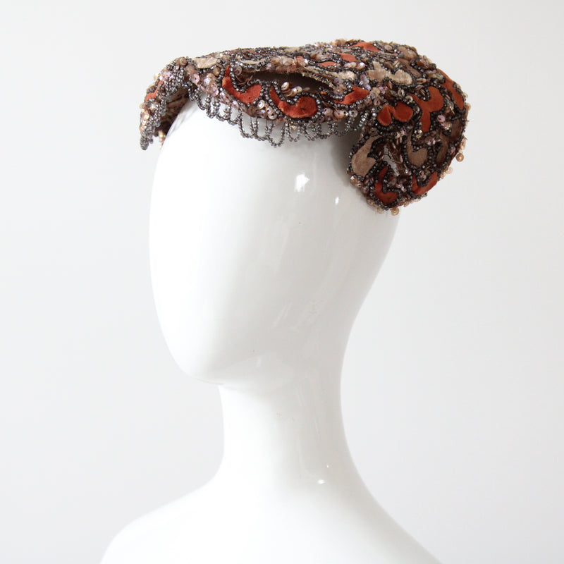 "Velvet Blossoms & Beads" Vintage 1950's Ginger & Champagne Velvet Beaded Cocktail Hat