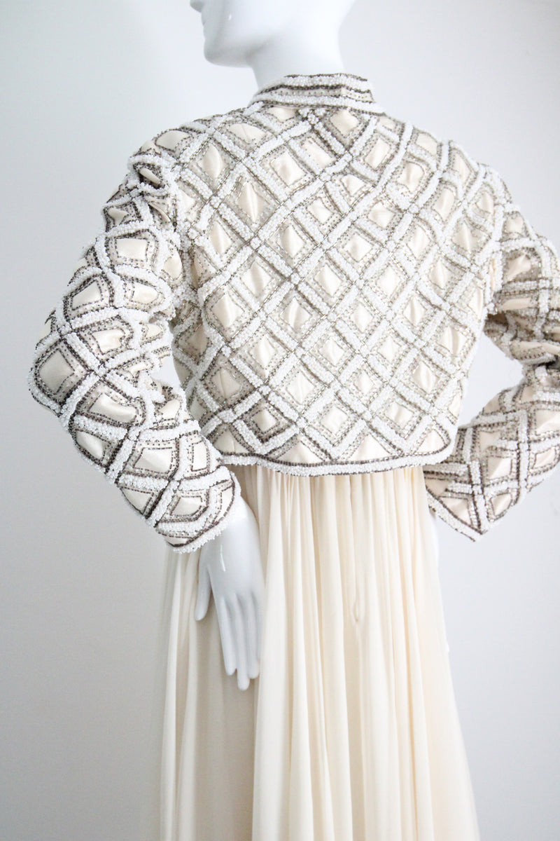 "Silk Chiffon & Silver Beadwork" Vintage 1960's Silk Chiffon & Silver Beaded Dress & Jacket Ensemble UK 10 US 6