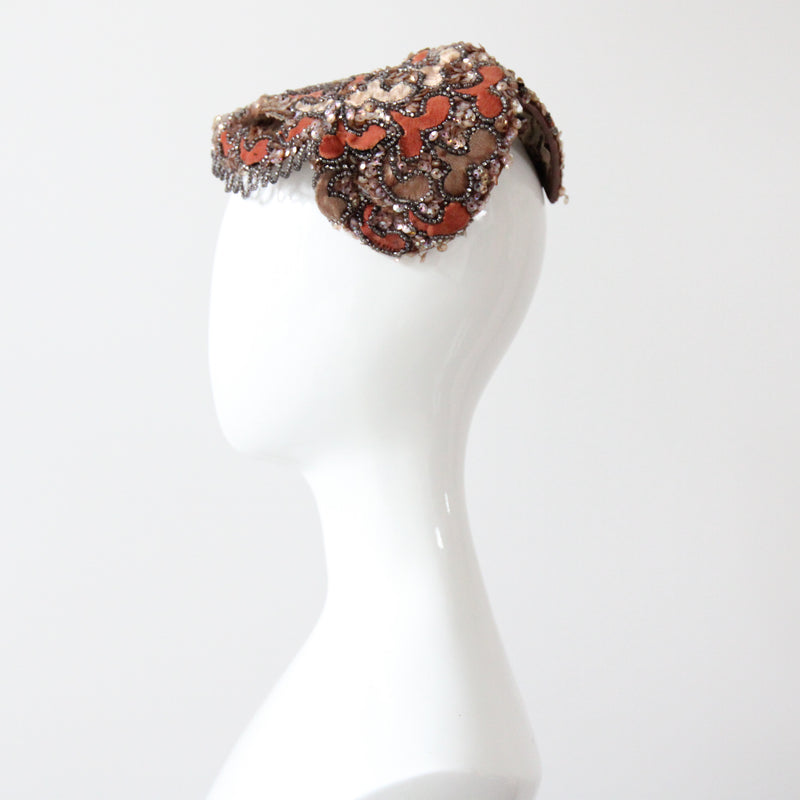 "Velvet Blossoms & Beads" Vintage 1950's Ginger & Champagne Velvet Beaded Cocktail Hat