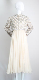 "Silk Chiffon & Silver Beadwork" Vintage 1960's Silk Chiffon & Silver Beaded Dress & Jacket Ensemble UK 10 US 6