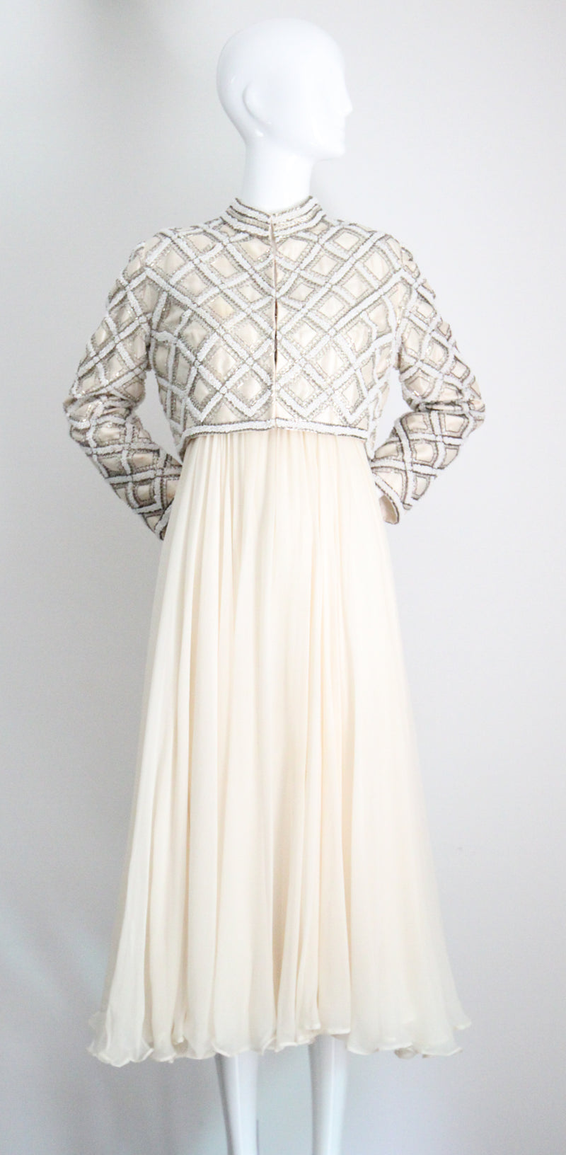 "Silk Chiffon & Silver Beadwork" Vintage 1960's Silk Chiffon & Silver Beaded Dress & Jacket Ensemble UK 10 US 6