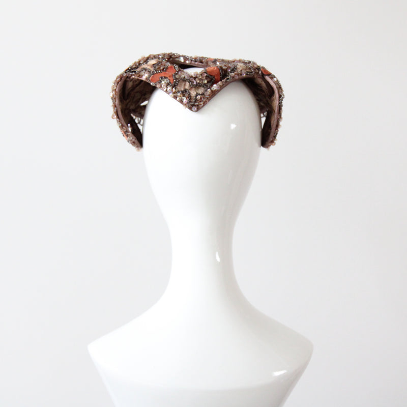 "Velvet Blossoms & Beads" Vintage 1950's Ginger & Champagne Velvet Beaded Cocktail Hat