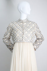 "Silk Chiffon & Silver Beadwork" Vintage 1960's Silk Chiffon & Silver Beaded Dress & Jacket Ensemble UK 10 US 6