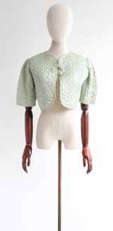 "Peppermint Satin" Vintage 1940's Peppermint Green Satin Quilted Bed Jacket UK 10 US 6