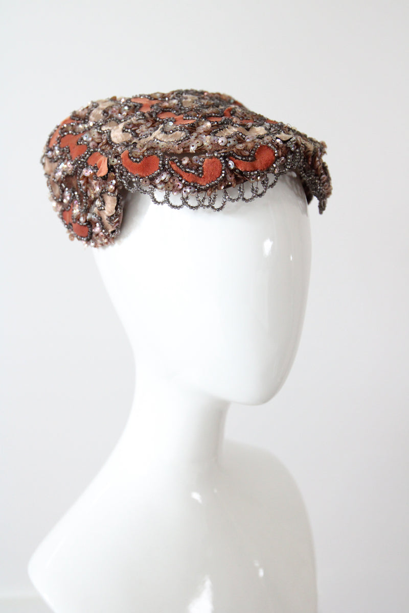 "Velvet Blossoms & Beads" Vintage 1950's Ginger & Champagne Velvet Beaded Cocktail Hat