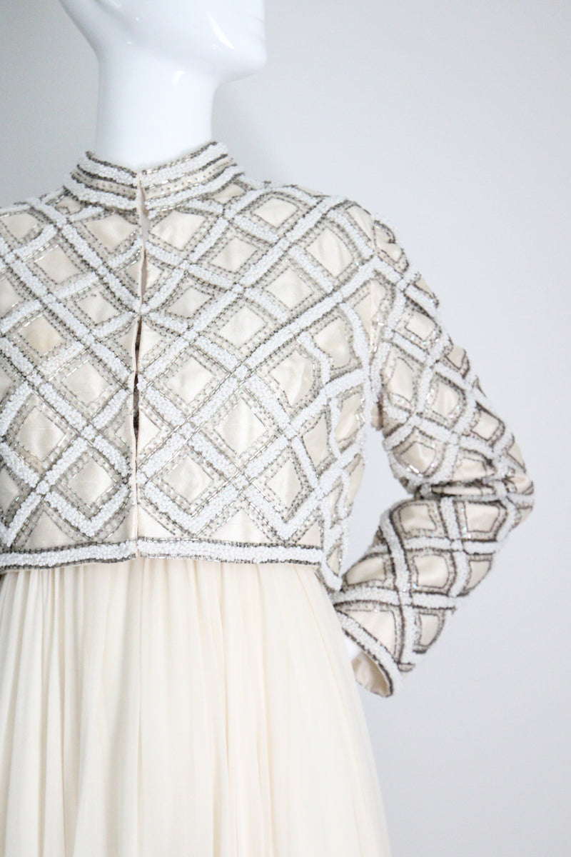 "Silk Chiffon & Silver Beadwork" Vintage 1960's Silk Chiffon & Silver Beaded Dress & Jacket Ensemble UK 10 US 6