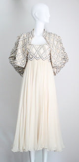 "Silk Chiffon & Silver Beadwork" Vintage 1960's Silk Chiffon & Silver Beaded Dress & Jacket Ensemble UK 10 US 6